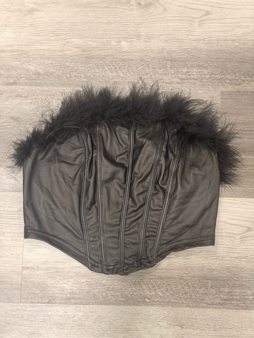 Black Faux-Leather Strapless Corset Top with Feather Trim
